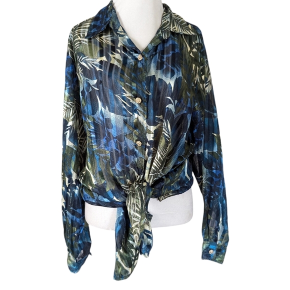 Vintage Sheer Tropical Top 20W Sparkling Gold Buttons Green Blue Button Down 2X - Picture 2 of 8